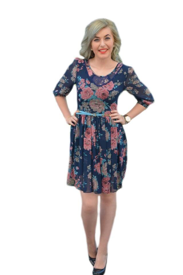 Rochie casual, maneci trei-sferturi din voal,D&J Exclusive, Albastru marin