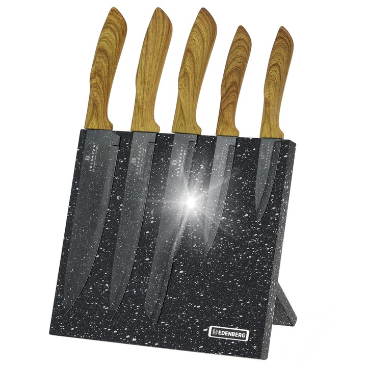 Set de cutite 6 piese Edenberg cu bloc magnetic, otel carbon, 30cm, antiderapante, elegant