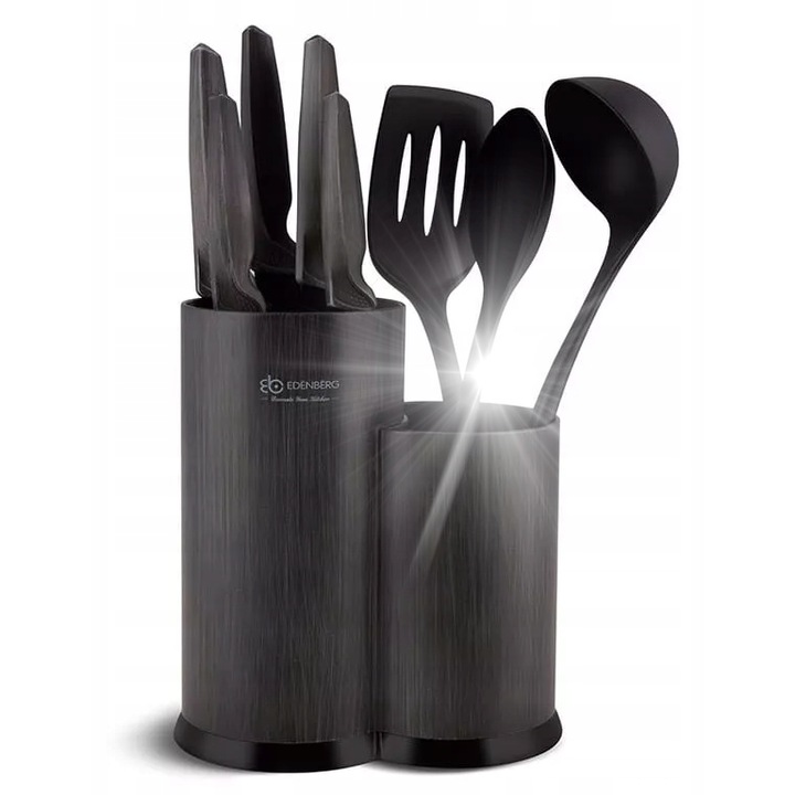 Set de cutite si ustensile de bucatarie Edenberg EB 7811, 9 piese, inox, ergonomic, suport inclus, negru