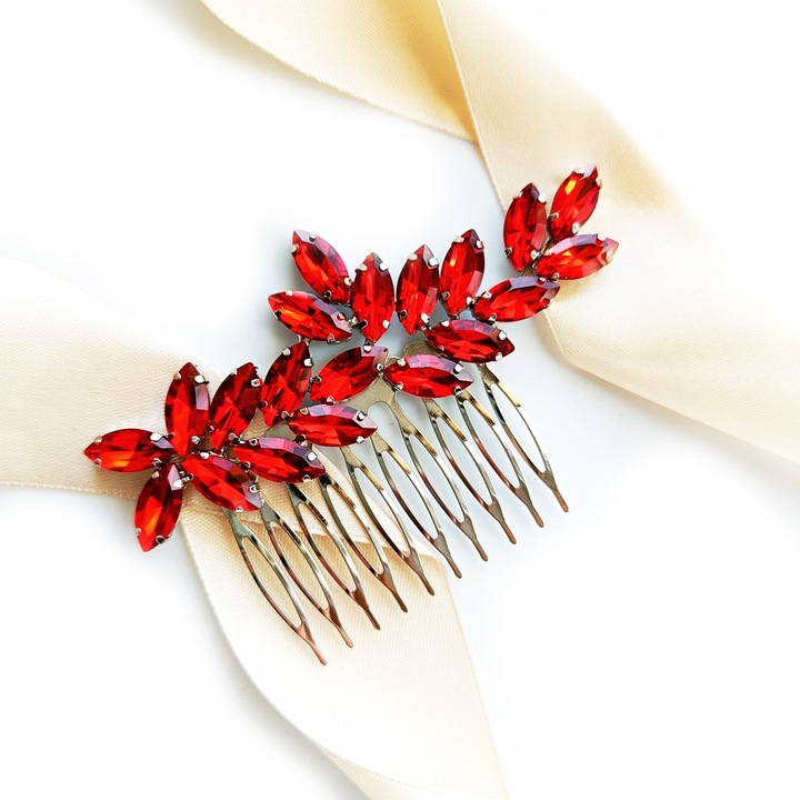 Сребърен гребен за коса с червени цирконии, ефектен аксесоар за ПРИЧЕСКА. Сребристо-червен аксесоар с цирконии и кристали, гребен-фиба за кок.
