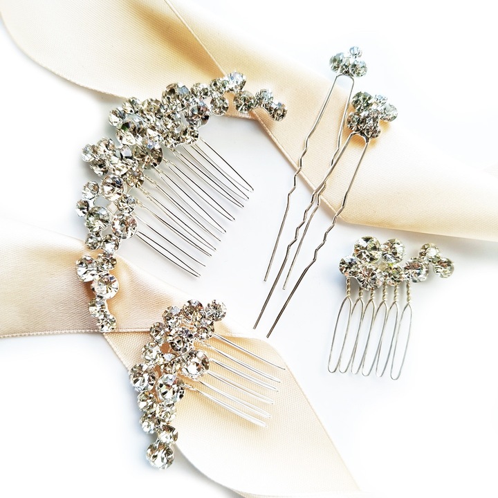 Сребърен комплект аксесоари за сватбена прическа, елегантен, бляскав кок с кристал, Сребърен комплект аксесоари за коса в елегантен стил 'old money' с блестящи цирконии за сватба