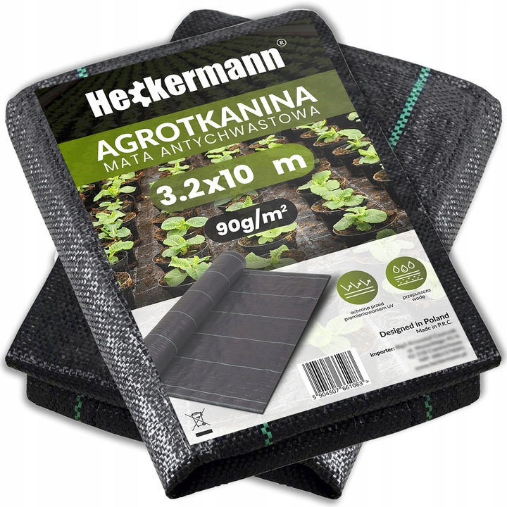 Gyomirtó geotextil Heckermann Premium, polipropilén 90 g/m², UV-álló, vízáteresztő, fekete, 3.2x10 m