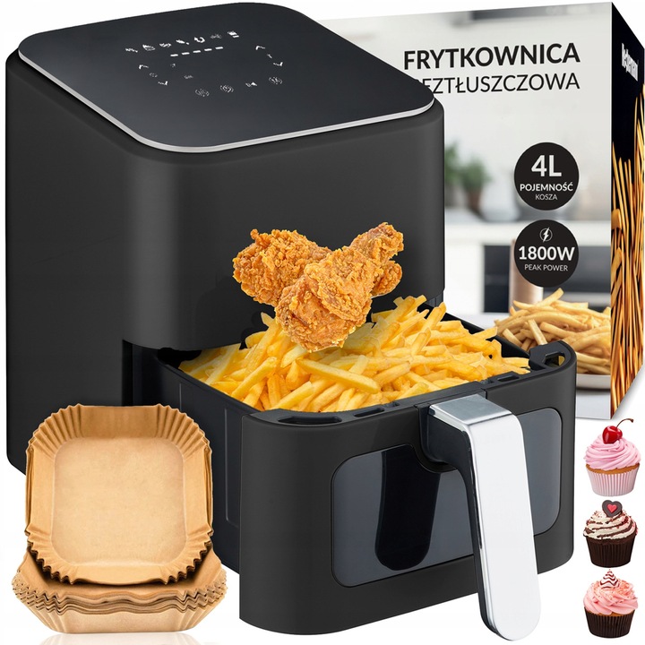 Friteuza Heckermann RA510D, 1800W, 4L, 7 programe, neagră cu finisaj argintiu, set cu 10 înlocuiri de hârtie