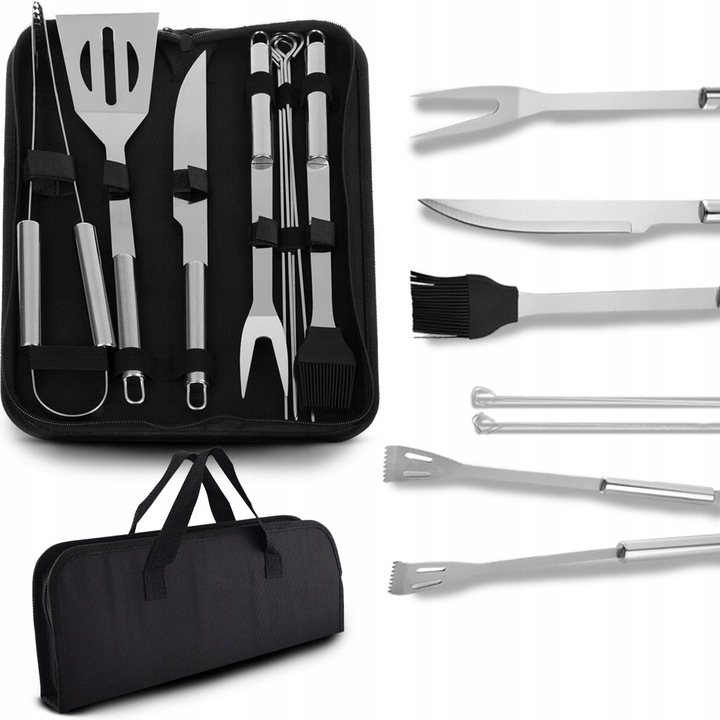 Set ustensile gratar 9 in 1, inox, cu husa, diverse unelte