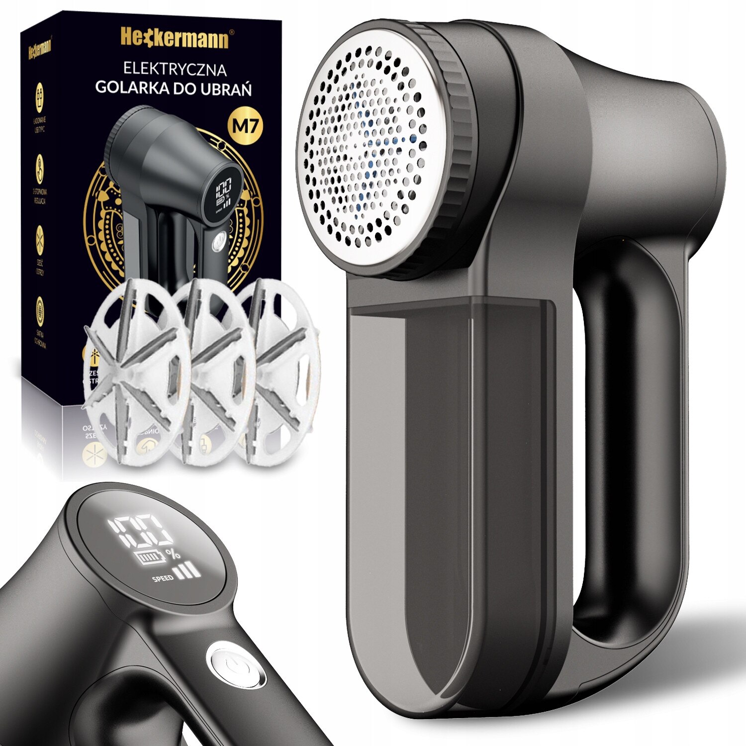 Aparat de scame pentru haine Heckermann, acumulator, 1200mAh, 3 viteze, negru