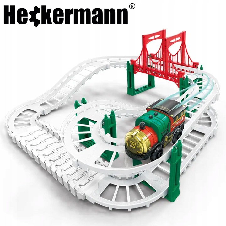 Set trenulet de jucarie Heckermann, 125 elemente, locomotiva automata, figurine cu sistem pull-back, multicolor