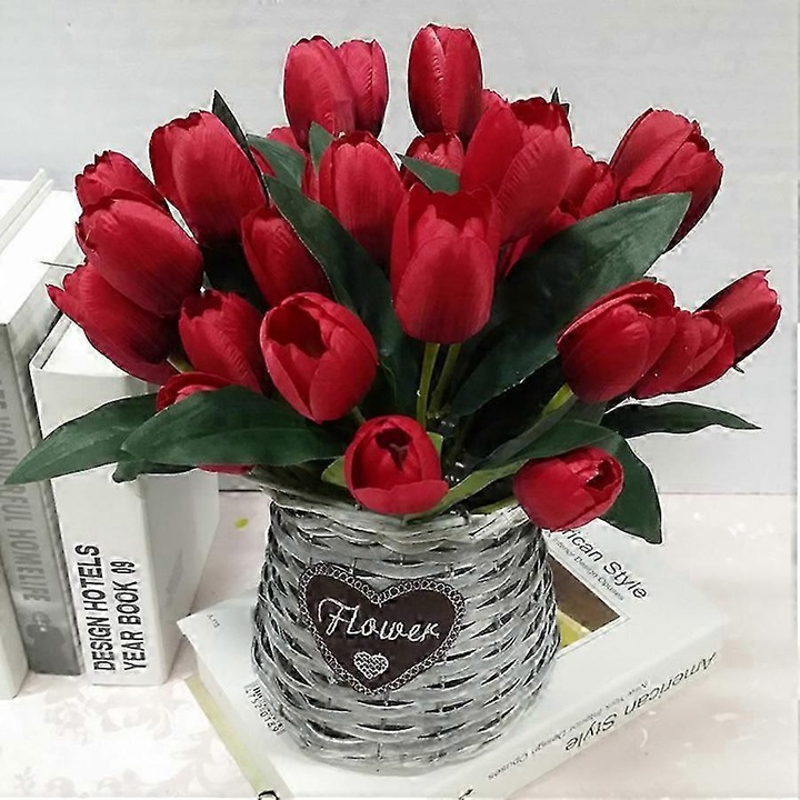 Buchet de flori artificiale, 9 buchete de lalele rosii, 30cm, material: matase