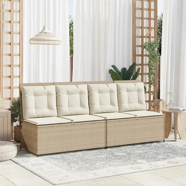Banca de gradina VidaXL, polirattan bej, cu spatar reglabil, dimensiuni 110x60x80cm, set cu perna