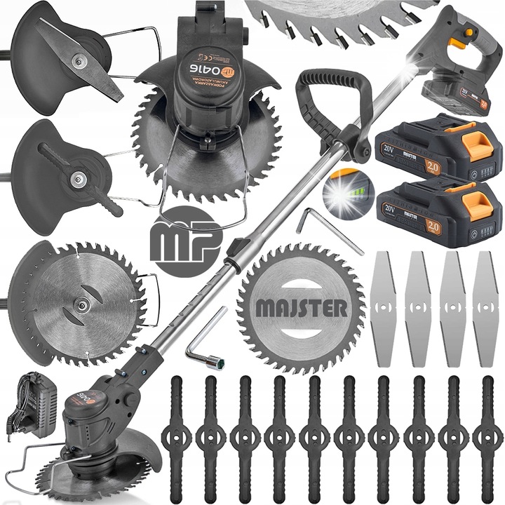 Cositoare actionata cu acumulator MAJSTER MP-0416, 20V, 1000W, set XXL, 2 acumulatori, 10 cutite plastice, 4 cutite metalice, 130cm, cu accesorii