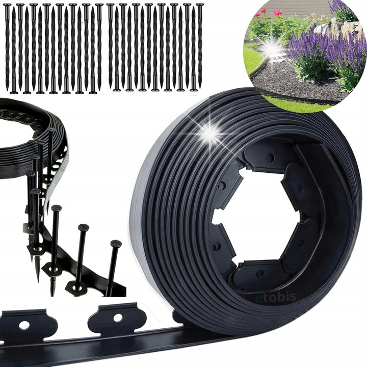 Set obraje de gradina pentru gazon, 20m, 30 ancore, 5x5cm, negru