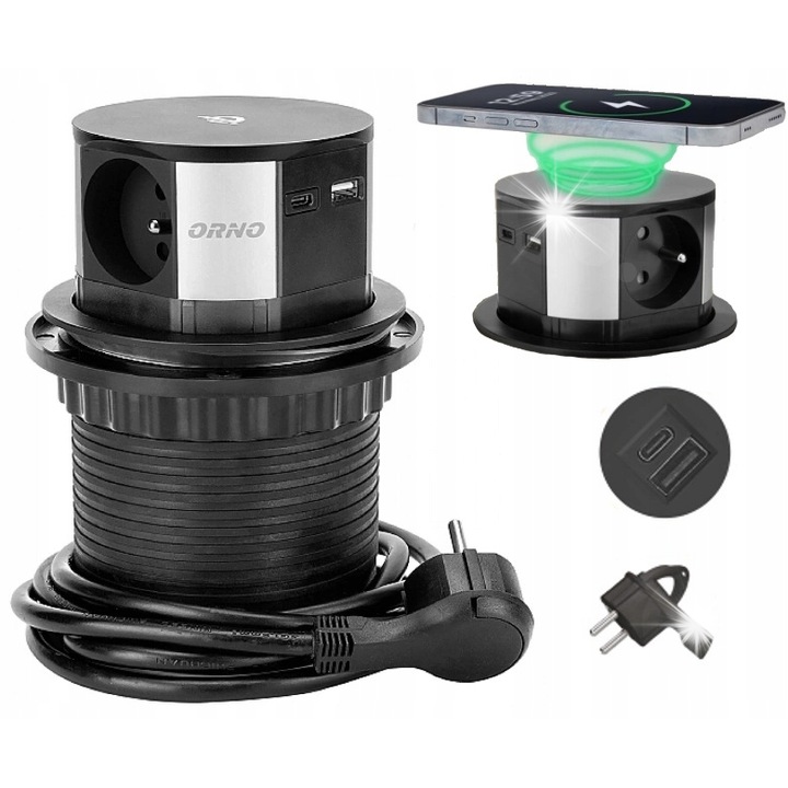 Контакт за мебели с индукционно зарядно и USB, Orno, 3 контакта тип E, 2 USB конектора, Черен, Комплект