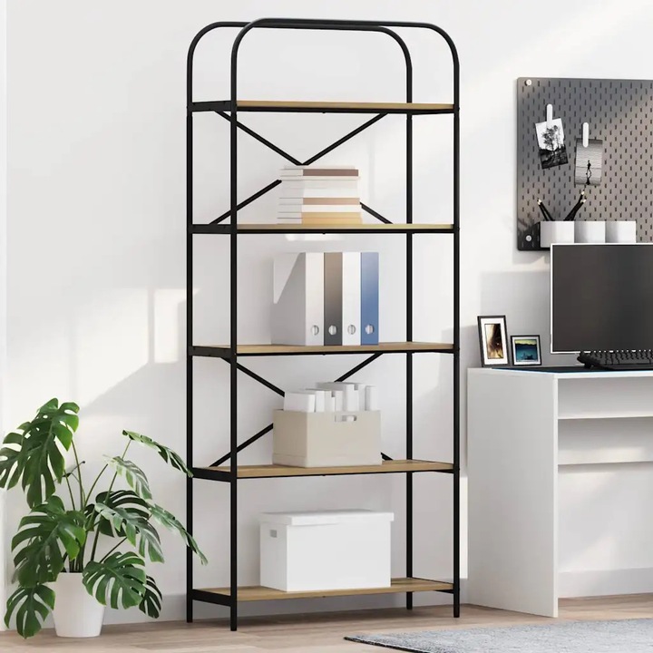 Biblioteca moderna VidaXL, 80x30x183cm, design minimalist, suport din otel, finisaj din placaj de lemn