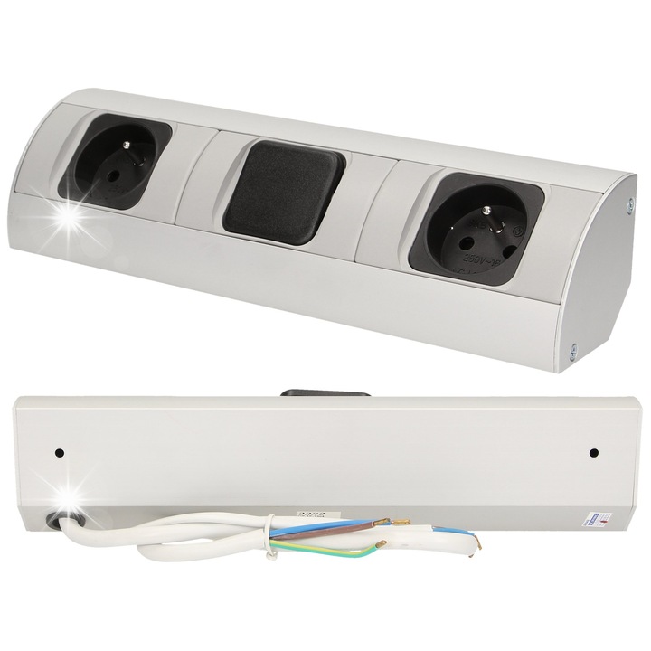 Gniazdo meblowe z wylacznikiem, Orno, 2x230V, aluminiu, 64x275x64mm, set cu instructiuni si garantie