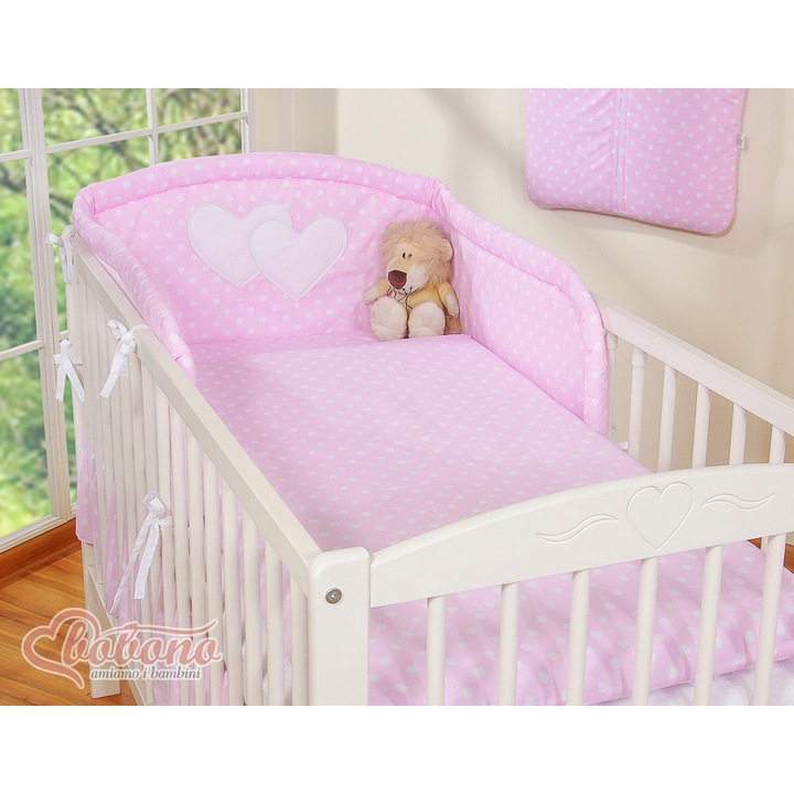 Lenjerie patut 2 piese, Bobono, Serduszka, 90x120 cm, roz, 100% bumbac
