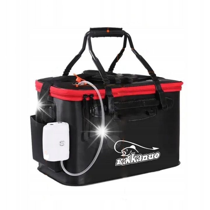 Geanta pentru pescuit, ITIMPORT, 23 litri, cu pompa de oxigen, neagra cu accente rosii, 40x24x24cm