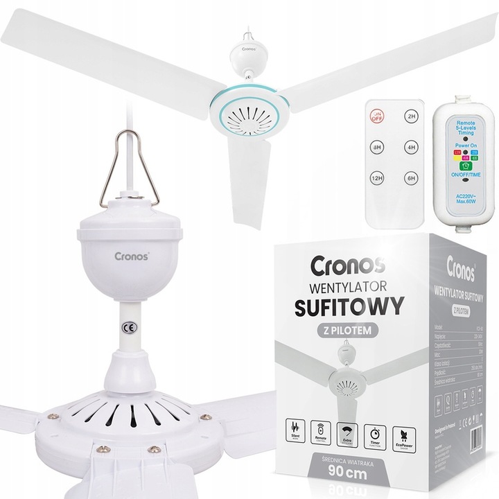 Ventilator de tavan Cronos 90cm, alb, cu telecomanda si timer