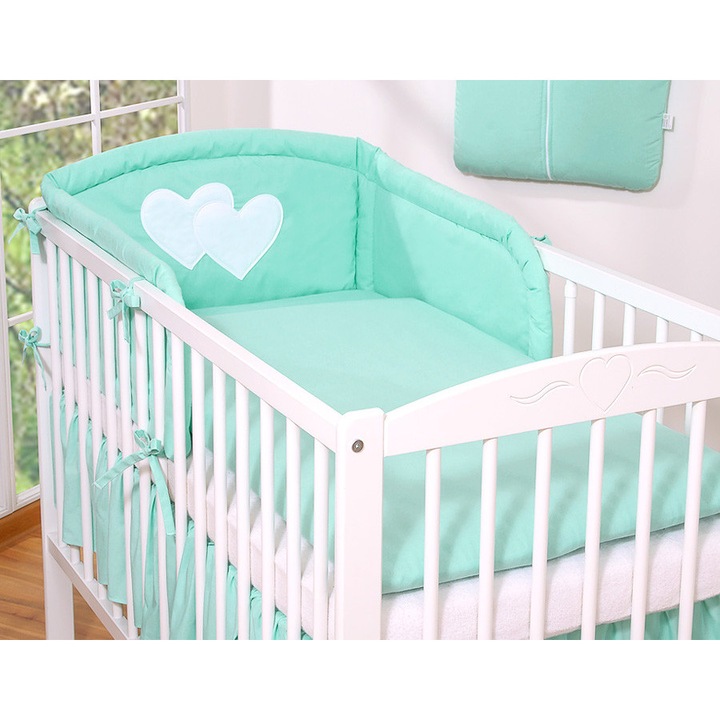 Комплект спално бельо за деца Bobono, колекция Serduszka, 90x120см, 100% памук, ментово зелено