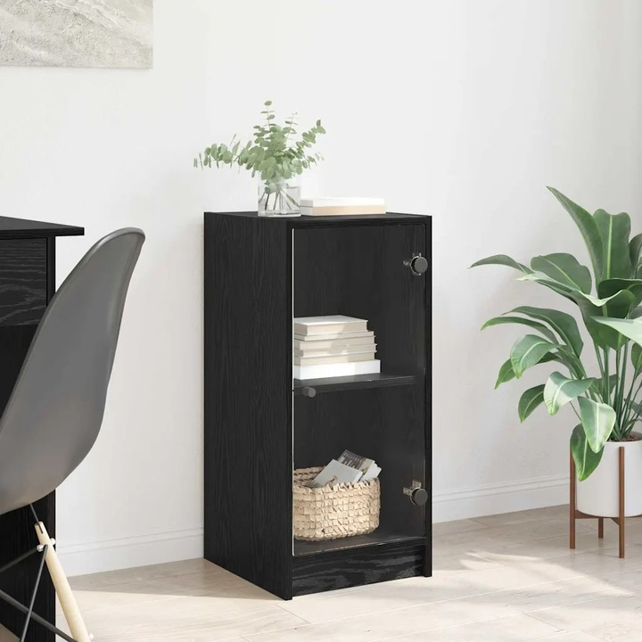 Bufet, VidaXL, negru, 35x37x76 cm, material din lemn compus, usi din sticla, design modern