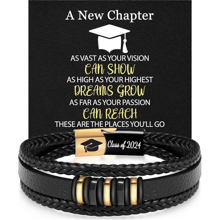 Bratara pentru barbati, piele, 20 cm, negru/auriu