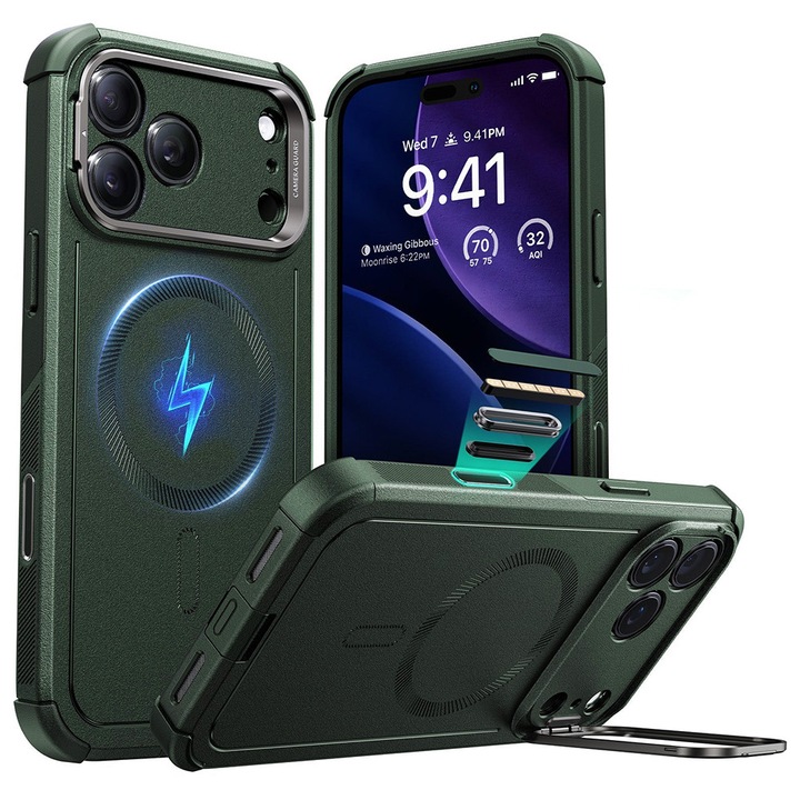 Husa de protectie MagSafe Antisoc pentru Apple iPhone 17 Pro Max, Tough Design, cu Kickstand, Policarbonat, Amortizare Impact, TPE, Verde