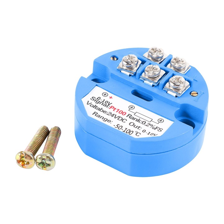 Transmitator de temperatura Pt100, 4-20 mA, 0-10V, -50 pana la 100 grade, albastru, 45mm