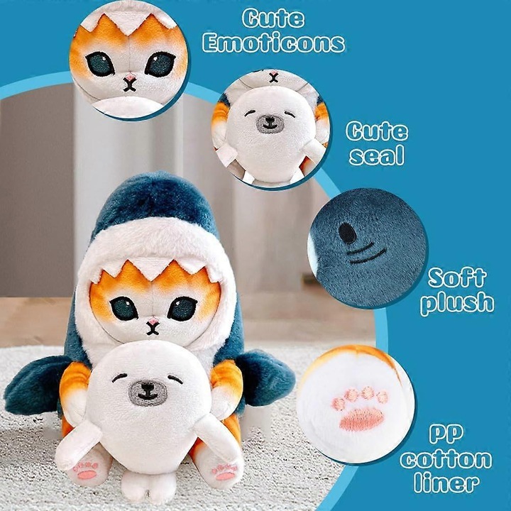 Плюшена играчка, котка, 20см, с мека козина, дизайн tiburn, с тюлен в прегръдките