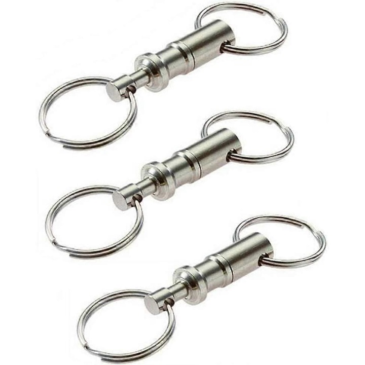 3 darabos, levehető, ezüst színű acél kulcstartó szett, krómozott felülettel, 4cm x 2.5cm