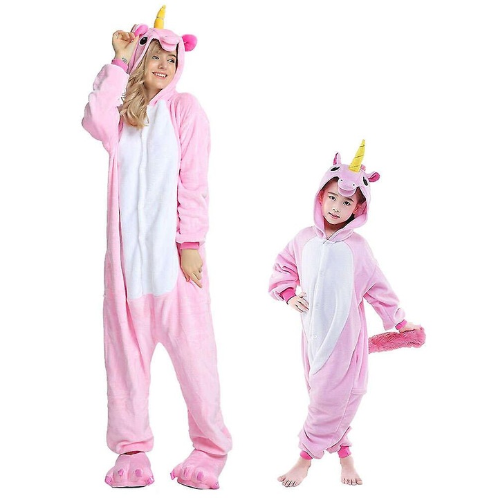 Costum Pegasus roz XL, pentru adulti si copii, material flanel, confortabil, calduros