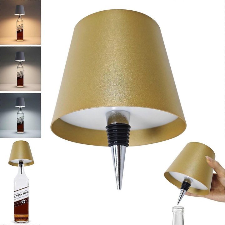 Veioza wireless, 3 lumini reincarcabile pentru sticle, design portabil, metal