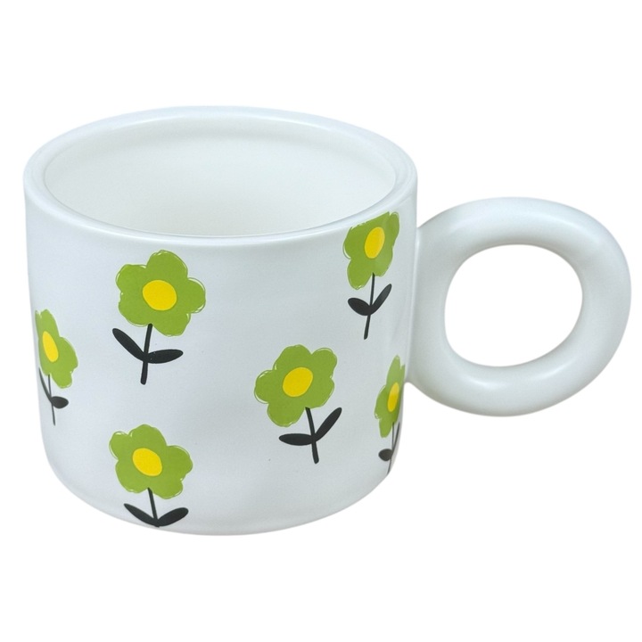 Керамична чаша „Блум Арт” бяла със зелени цветя и кръгла дръжка, 420 мл