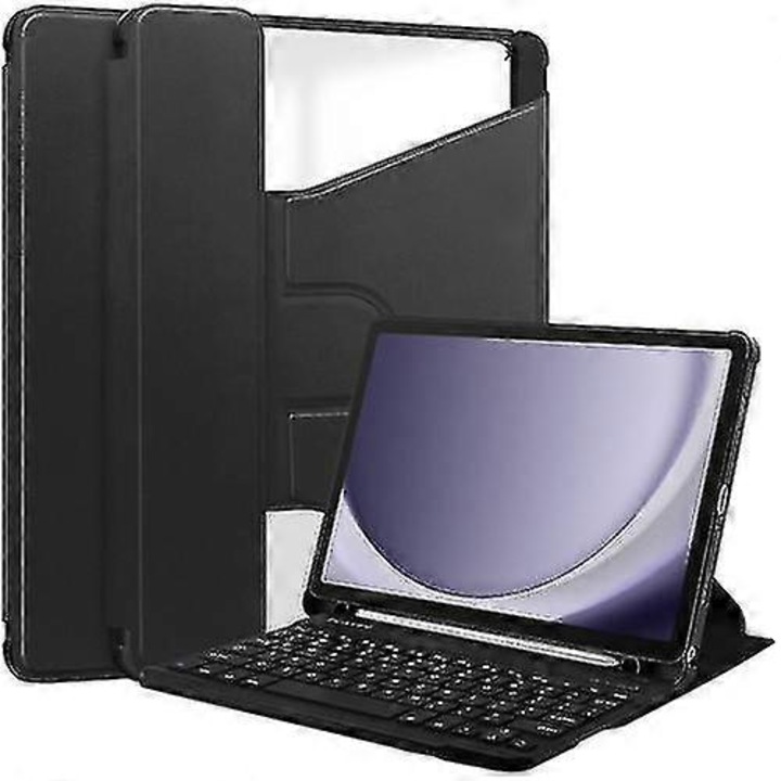 Husa tableta 360° cu tastatura, transparenta, neagra, pentru Tab A9+