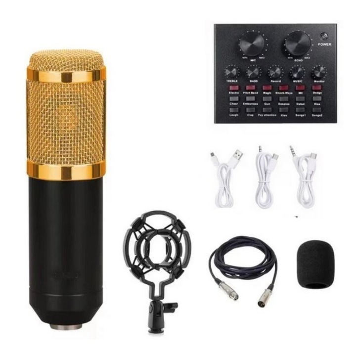 Pachet microfon condenser BM 800, cu mixer bluetooth pentru inregistrare vocală, streaming, gaming, karaoke, negru-auriu, dimensiuni 145x105x30mm