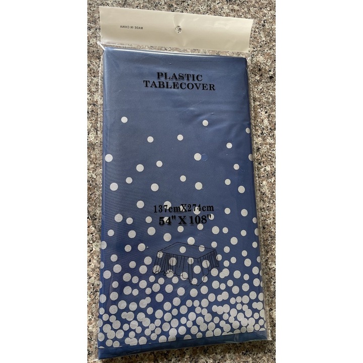 Fata de masa dreptunghiulara, toolsy, Impermeabila, Anti-pete, Pentru petreceri, nunti, botezuri, decoratiuni, 274x137cm, Albastru/ Puline Albe