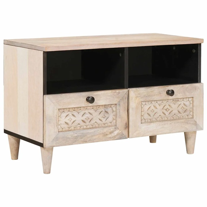 Comoda TV, VidaXL, din lemn masiv de mango, 70x33x46cm, cu rafturi, alb