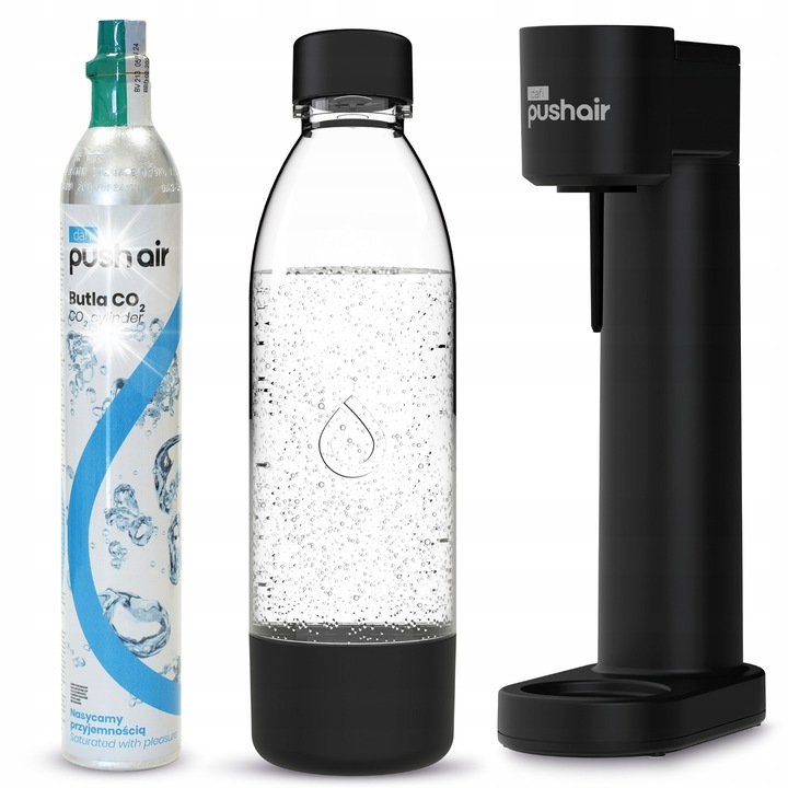 Сатуратор за газирана вода Dafi PushAir, черен, с 1 бутилка CO2 и 1 бутилка 0,7 л