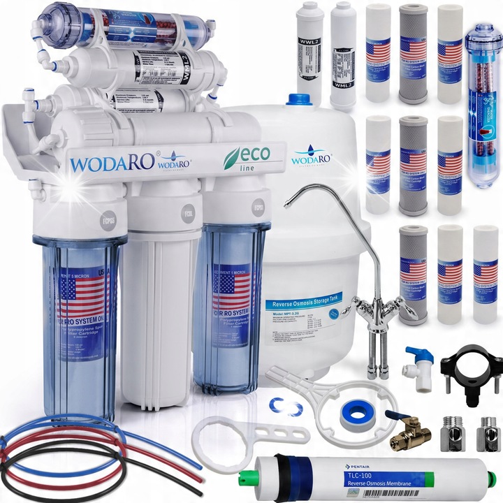 Филтър за вода RO7, wodaRO, система за обратна осмоза, капацитет 12л, с минерализатор, двоен дизайн, 46x36x15см