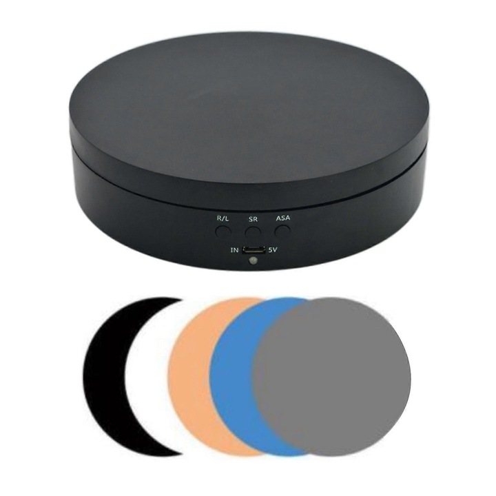 Suport rotativ motorizat, 3 viteze ajustabile, 3kg, 138x35mm, negru mat, set cu 5 fundaluri PVC