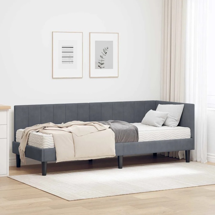 Cadru de pat de colt VidaXL, gri inchis, 80 x 200 cm, catifea