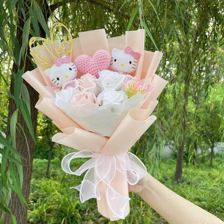 Papusi Kawaii cu flori artificiale Sanrio, set cadou pentru Craciun, Ziua Indragostitilor, aniversari, 30cm