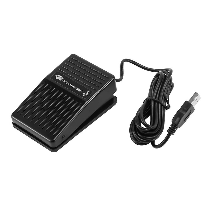 Pedál USB ECJ-33085, programozható HID plug-and-play lábkapcsoló, 198 cm kábel, fekete, 10 x 6 x 3.7 cm