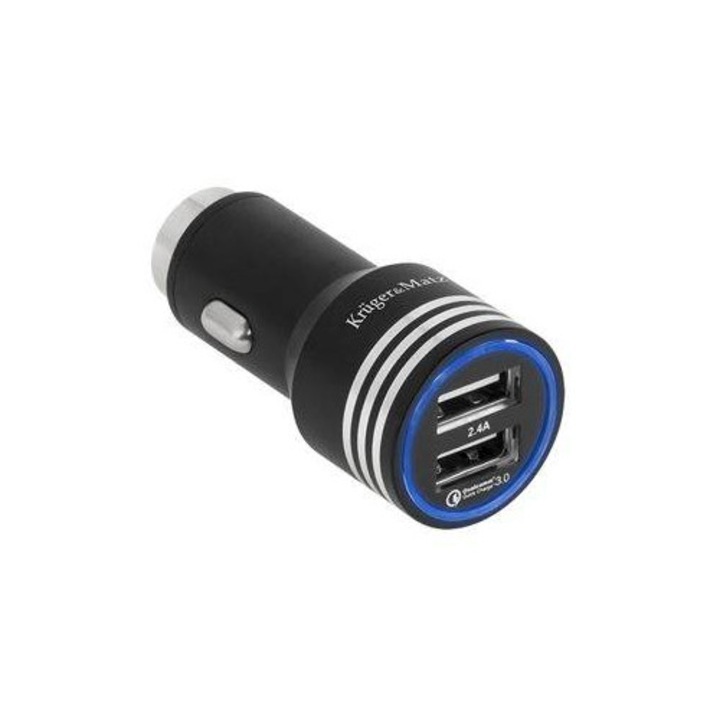 Încărcător auto 2xUSB Kruger&Matz Quick Charge 3.0, 12V-24V, 5V/9V/12V