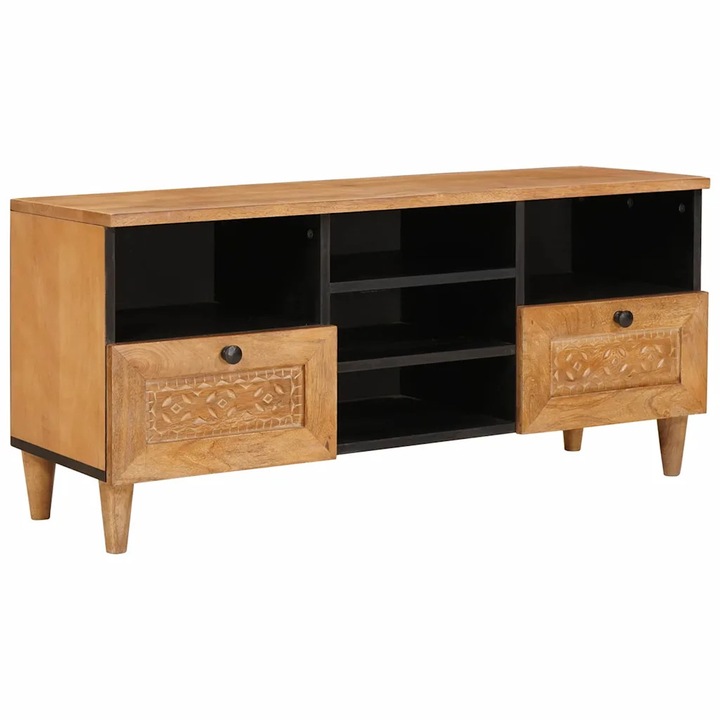 Comoda TV VidaXL, cu sertar, din lemn masiv de mango, 100x33x46cm, maro deschisa