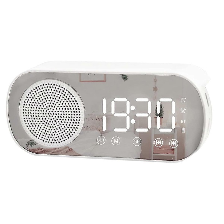 Ceas digital cu alarma, radio FM si difuzor Bluetooth, 3 niveluri de luminozitate, argintiu-alb, 116x51x33mm