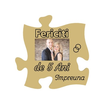 Rama foto tip puzzle, 10x15, ocru, personalizata, Fericiti de 5 ani impreuna Rama foto tip puzzle, 10x15, ocru, personalizata, Fericiti de 5 ani impreuna