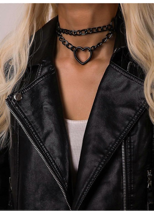 Colier choker cu inima neagra din zinc si piele PU, ajustabil, 41cm, pentru barbati si femei