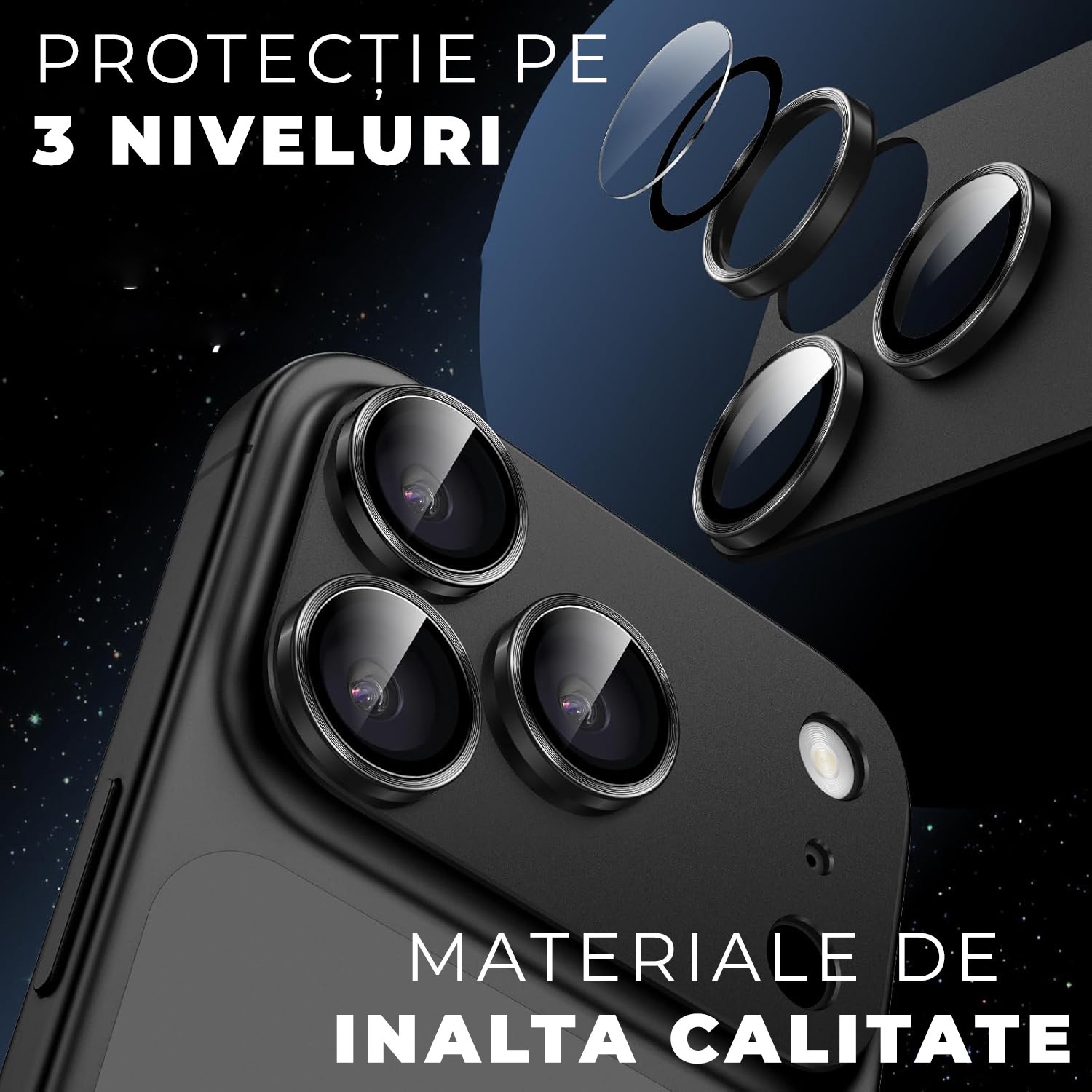 Folie Camera din sticla pentru iPhone 17 Pro Max, Full Cover, Protectie Completa, Daden, Ultra Rezistenta, Calitate Premium, Negru