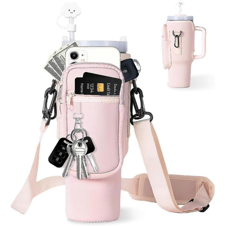 Suport pentru sticla cu buzunar pentru telefon, neopren, cu curea ajustabila, pentru 30oz, roz