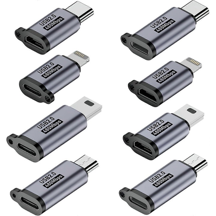 Set 8 adaptoare USB C, Micro USB, Mini USB la USB 2.0 pentru smartphone-uri, alb