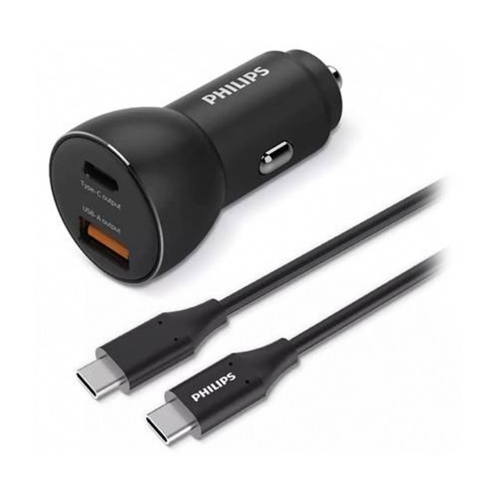 Încărcător auto Philips, USB-A și USB Type C, 2 porturi, 36W