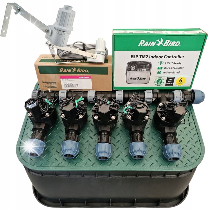 Комплект за напояване, Rain Bird, 5 секции с колектор, контролер TM2, сензор за дъжд RSDBEX, PE 20